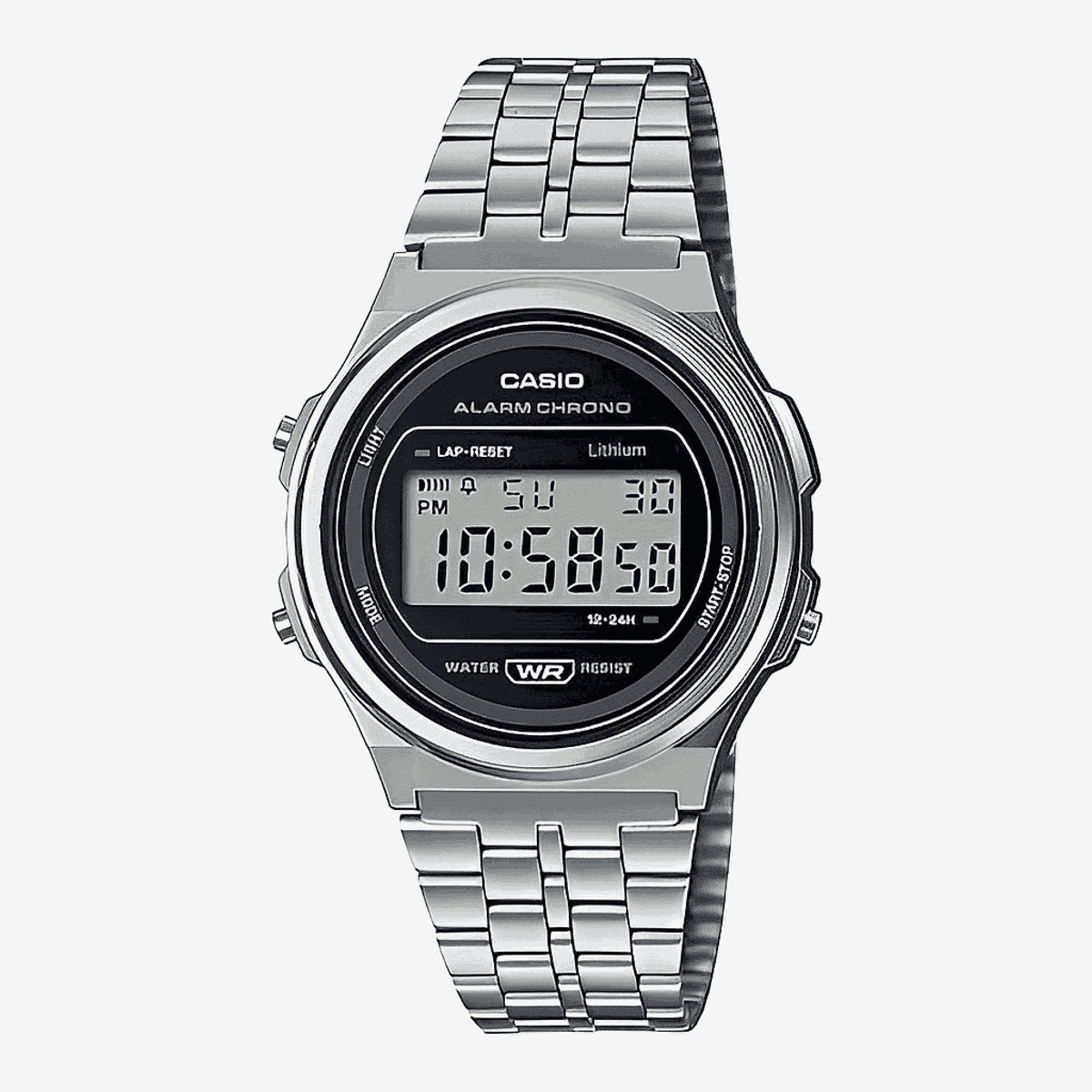 Reloj Casio Vintage Round con caja y brazalete de acero plateado, esfera redonda negra - A171WE-1AEF