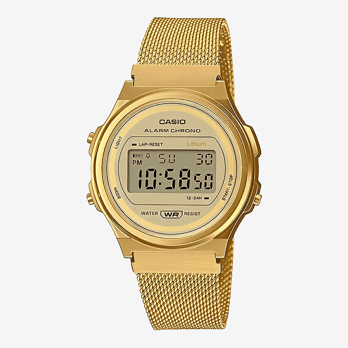 Reloj Casio Vintage Round con caja dorada y brazalete de malla dorada, esfera redonda dorada - A171WEMG-9AEF