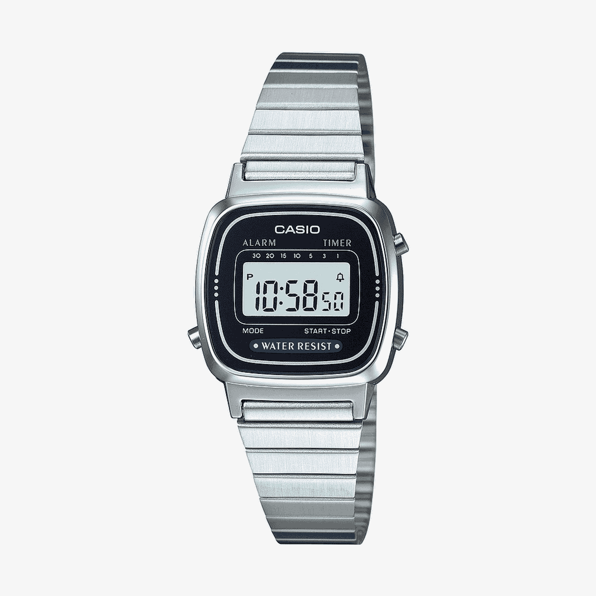 Reloj Casio Vintage Mini Acero Plateado Esfera Cuadrada Negra - LA670WEA-1EF