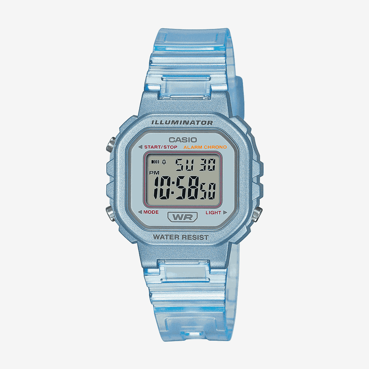 Reloj digital Casio Collection Pop con caja y correa transparente en tono azul claro, pantalla LCD gris, resistente al agua, modelo con iluminador - LA-20WHS-2AEF