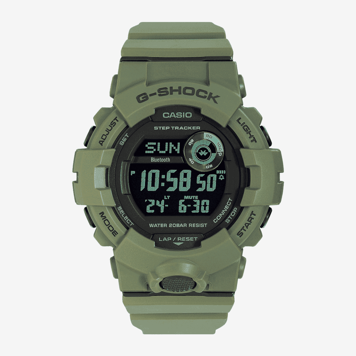 Vista frontal del Reloj Casio G-Shock G-Squad GBD-800UC-3ER con brazalete verde y esfera negra Vista frontal del Reloj Casio G-Shock G-Squad GBD-800UC-3ER con brazalete verde y esfera negra