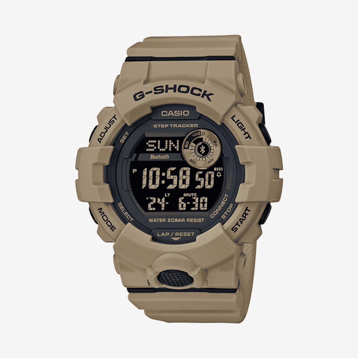 Vista frontal del Reloj Casio G-Shock G-Squad GBD-800UC-5ER con brazalete beige y esfera negra Vista frontal del Reloj Casio G-Shock G-Squad GBD-800UC-5ER con brazalete beige y esfera negra