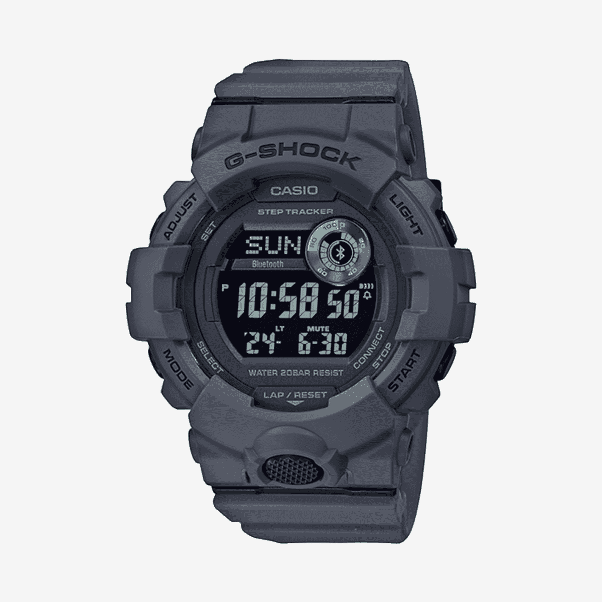 Vista frontal del Reloj Casio G-Shock G-Squad GBD-800UC-8ER con brazalete gris y esfera negra Vista frontal del Reloj Casio G-Shock G-Squad GBD-800UC-8ER con brazalete gris y esfera negra