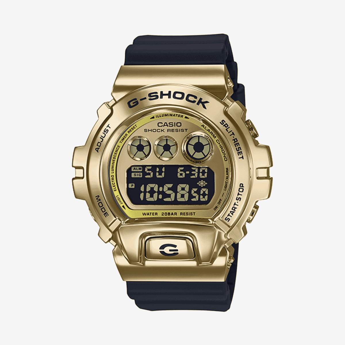 Vista frontal del Reloj Casio G-Shock Digital GM-6900G-9ER con brazalete negro y esfera negra